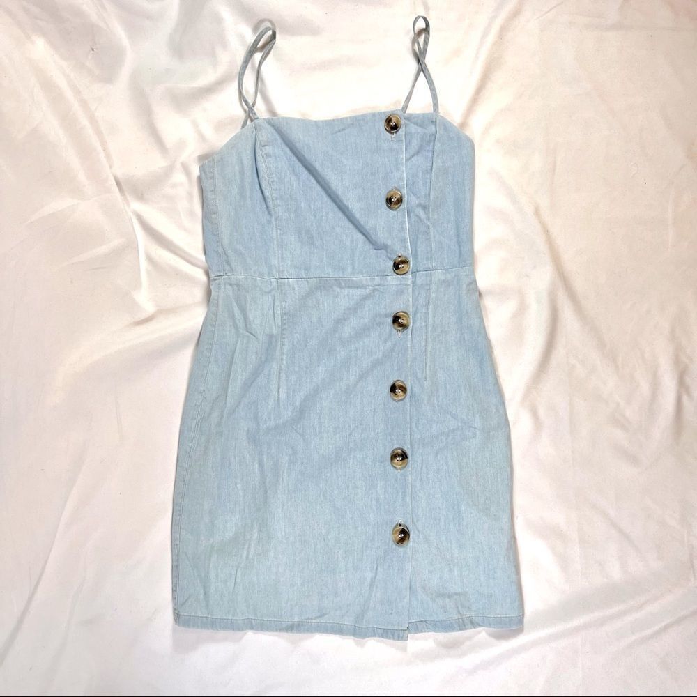 EUC✨ Topshop Moto Spaghetti Strap Denim Chambray Horn Button Mini Cotton Dress 4